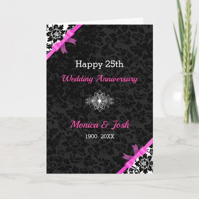 Carte Élégants damas noir et blanc avec ruban rose (Devant)