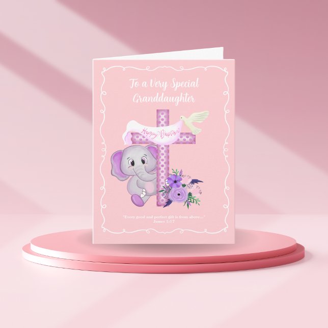 Carte Élément de bébé rose éléphant avec colombe et bapt (Créateur téléchargé)
