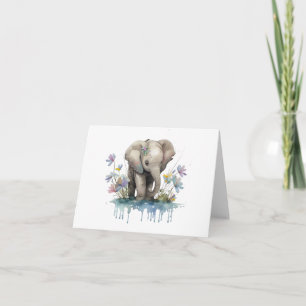 Carte Eléphant bébé avec eau et fleurs BLANC