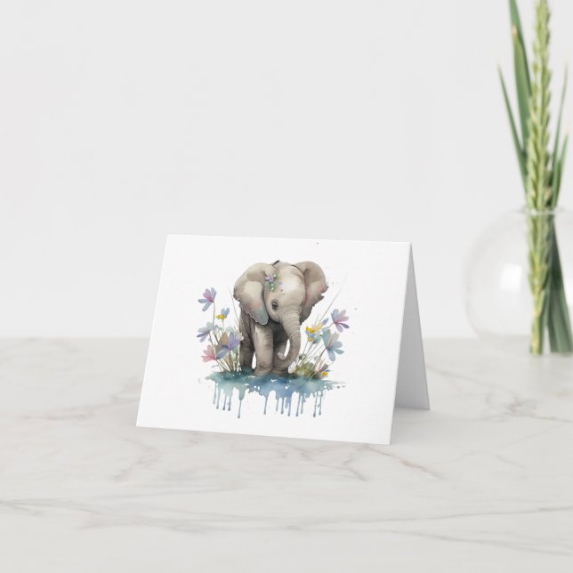 Carte Eléphant bébé avec eau et fleurs BLANC (Devant)