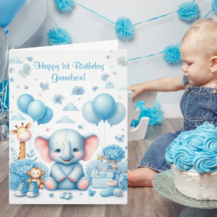 Carte Éléphant bébé bleu aquarelle 1er anniversaire