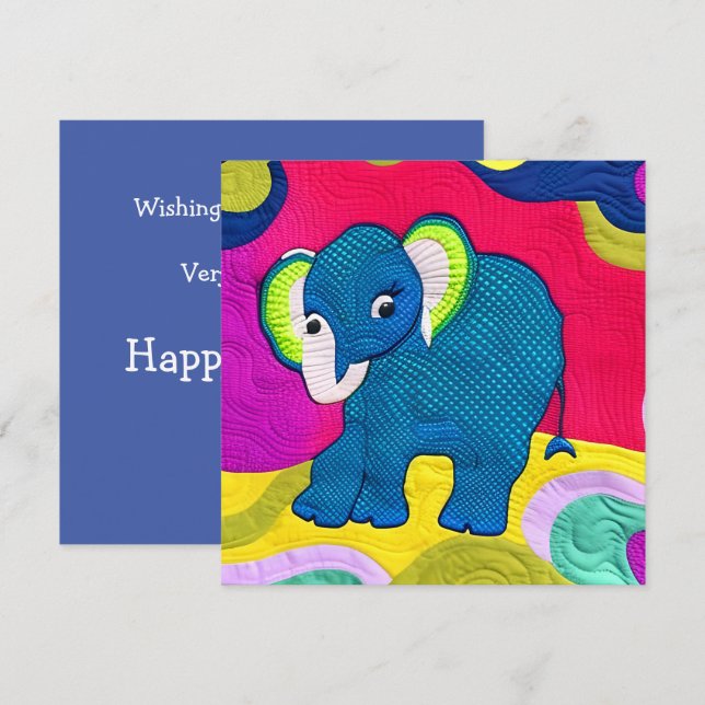 Carte Eléphant Bébé Bleu Cute - Design Quilt (Devant / Derrière)