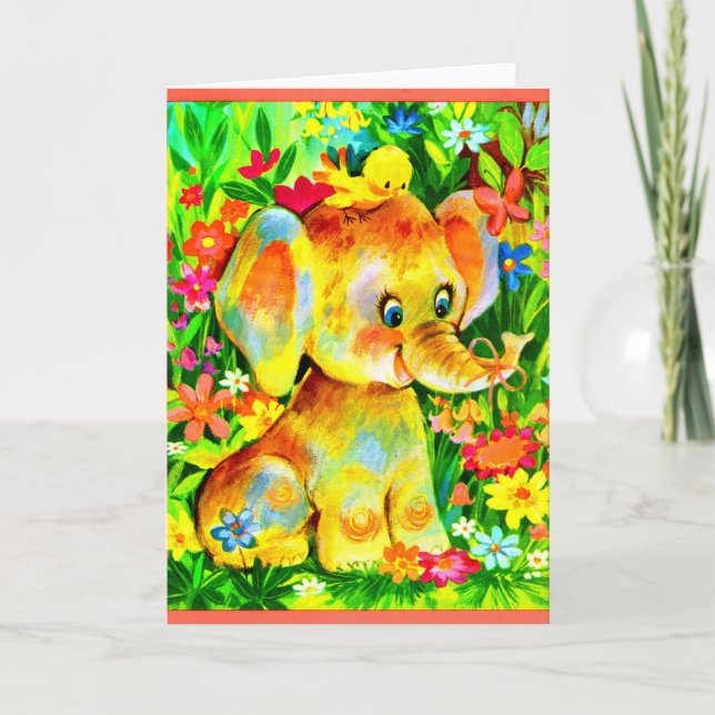 Carte éléphant bébé et oiseau (Devant)