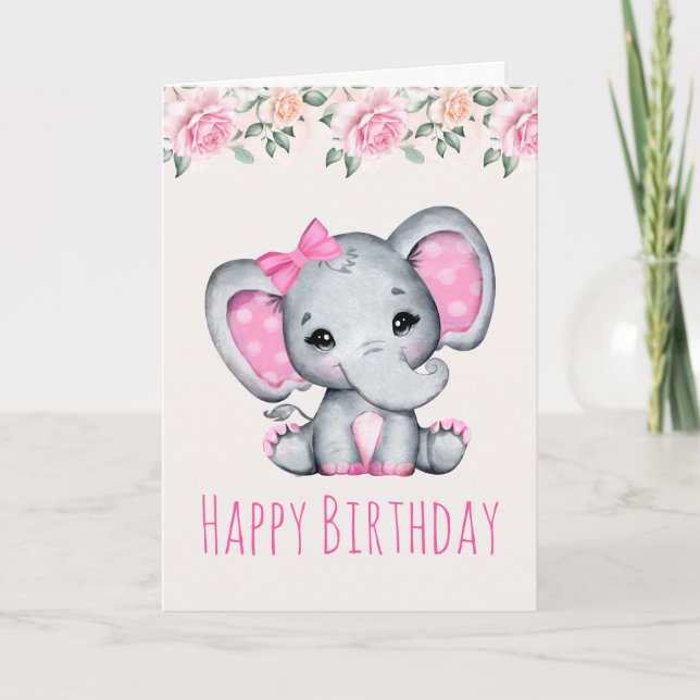 Carte Éléphant Bébé Rose et Bordure de Roses pour Annive (Devant)