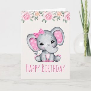 Carte Éléphant Bébé Rose et Bordure de Roses pour Annive