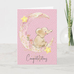Carte Eléphant Bébé Sur Lune Rose