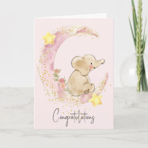 Carte Eléphant Bébé Sur Lune Rose