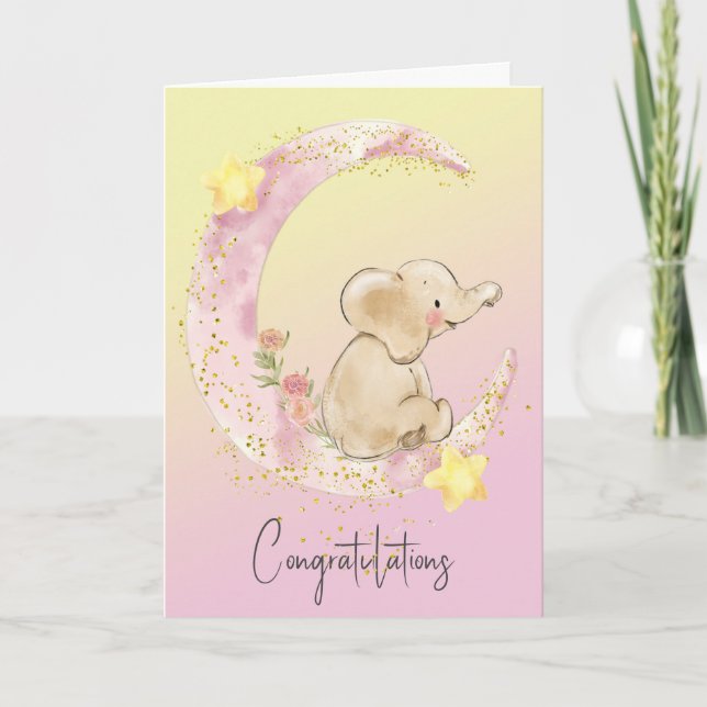 Carte Eléphant Bébé Sur Lune Rose (Devant)