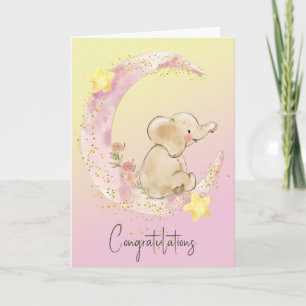 Carte Eléphant Bébé Sur Lune Rose