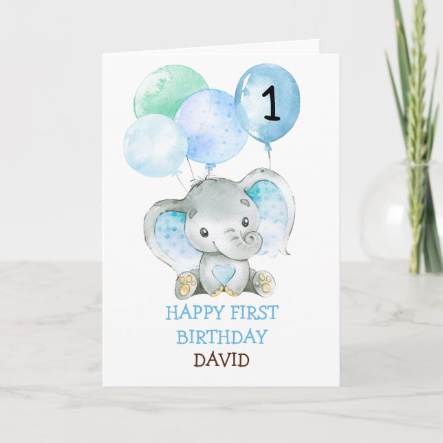 Carte Elephant Blue Boy Premier anniversaire mignon 1er  (Devant)