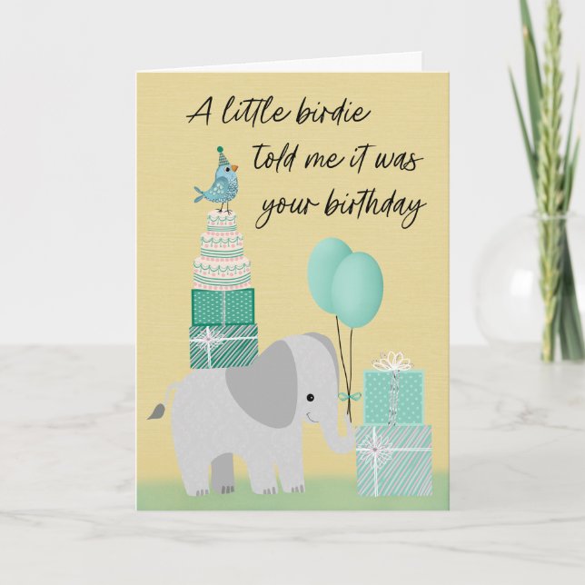 Carte Éléphant d'anniversaire avec un petit oiseau (Devant)