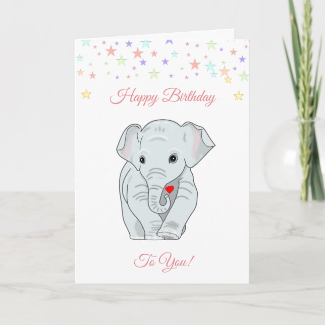 Carte éléphant d'anniversaire et étoiles multicolores  (Devant)
