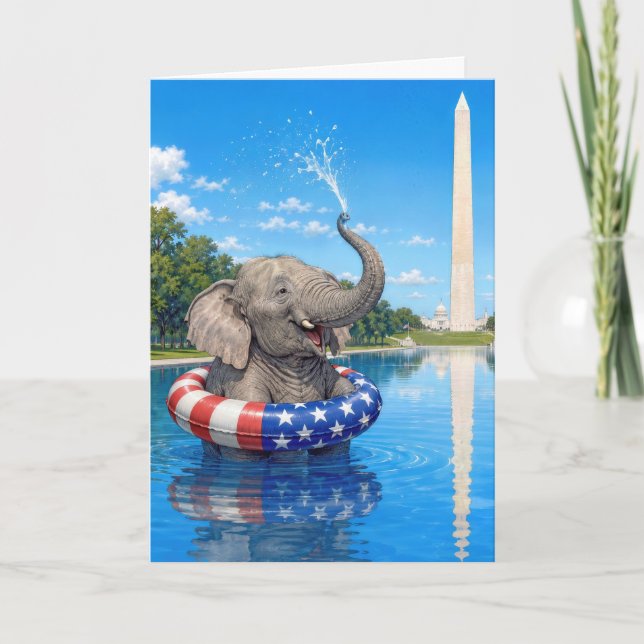 Carte Éléphant d'anniversaire flottant dans le bassin ré (Devant)