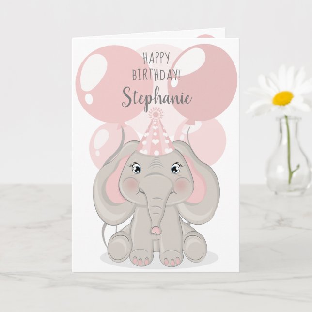 Carte Elephant en Casquette de fête d'anniversaire (Petite plante)