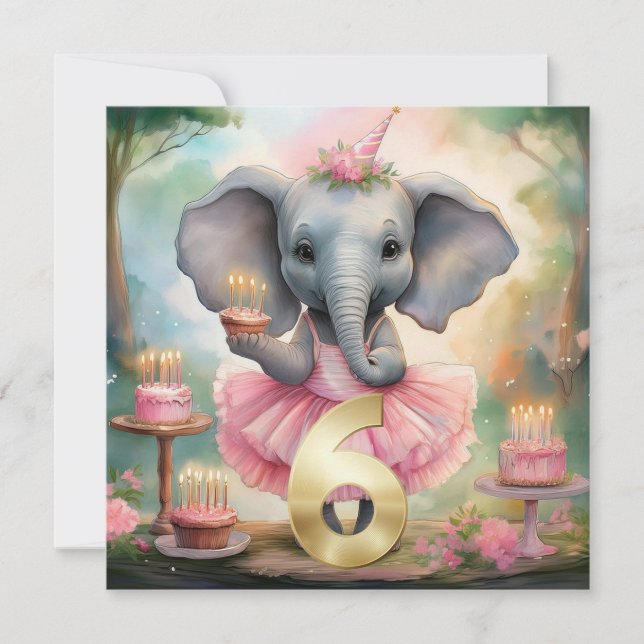 Carte Éléphant en tutu rose Joyeux 6ème Anniversaire (Devant)