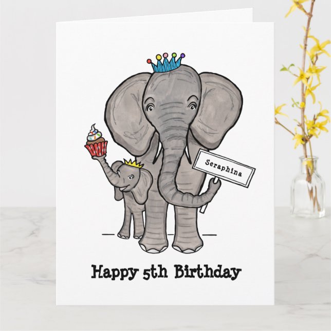 Carte Éléphant et bébé personnalisés (Fleur jaune)