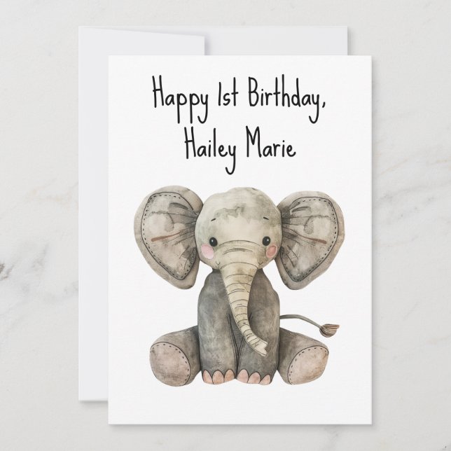 Carte Eléphant farci personnalisé premier anniversaire (Devant)