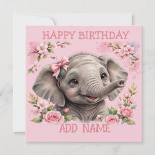 Carte Éléphant femelle : Nœud papillon et fleurs pastel