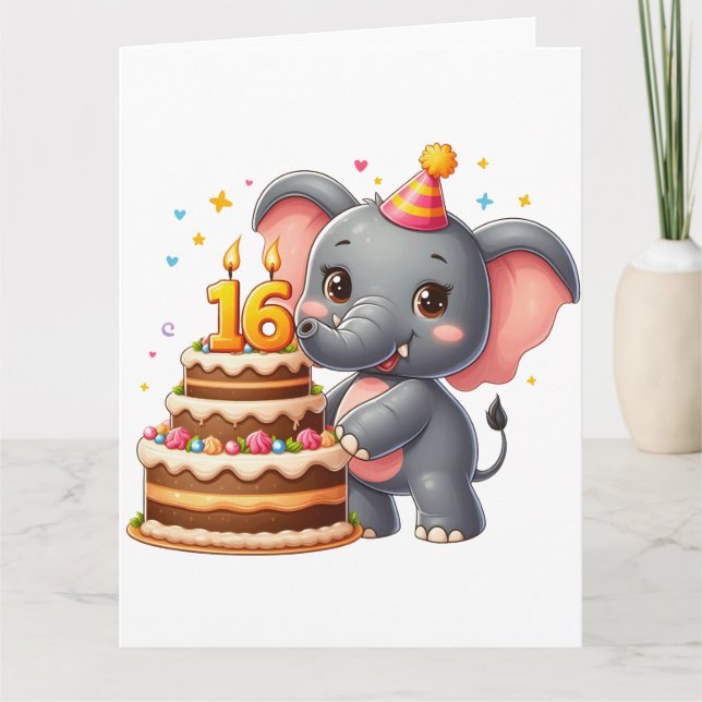 Carte Éléphant mignon 16e anniversaire (Devant)