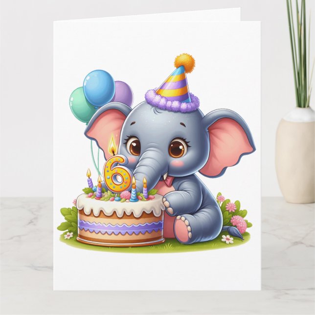 Carte Éléphant Mignon 6ème Anniversaire (Devant)