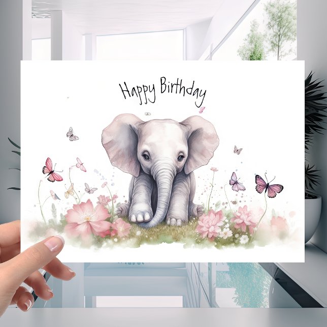 Carte Eléphant mignon bébé en Fleurs colorées Anniversai (Créateur téléchargé)