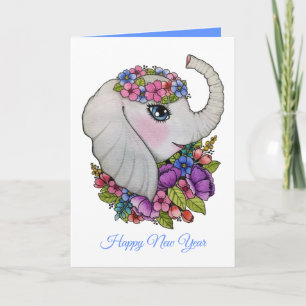 Carte Éléphant Mignon Et Fleurs Sauvages En Aquarelle