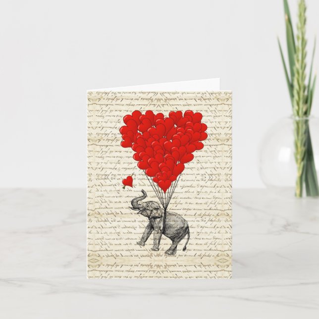 Carte Éléphant romantique et ballons en forme de cœur (Devant)