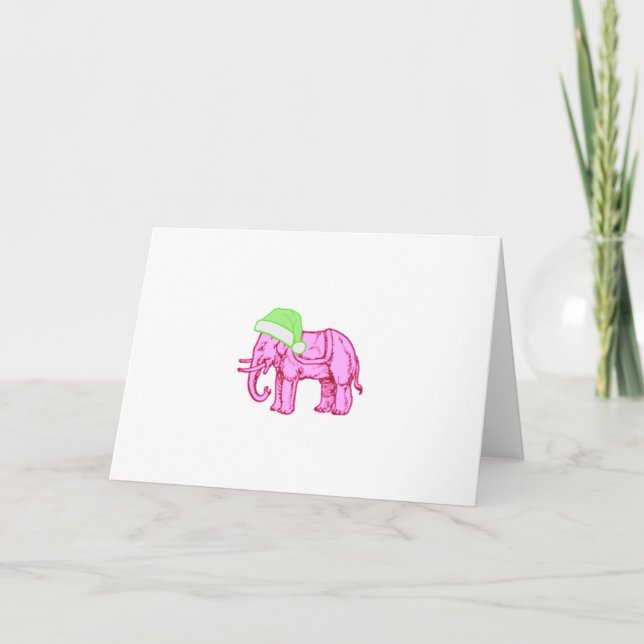 Carte Éléphant rose dans un chapeau de Père Noël vert (Devant)