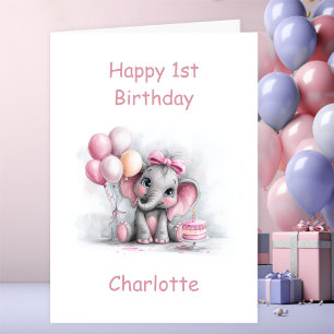 Carte Éléphanteau fille 1er anniversaire