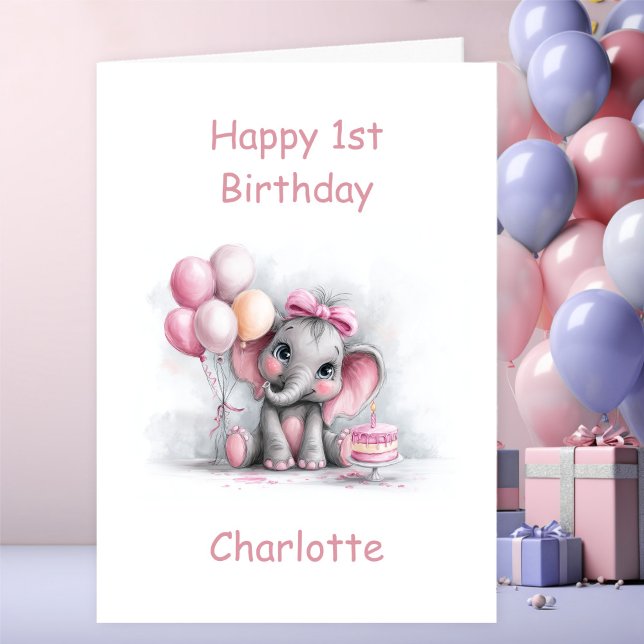 Carte Éléphanteau fille 1er anniversaire (Créateur téléchargé)