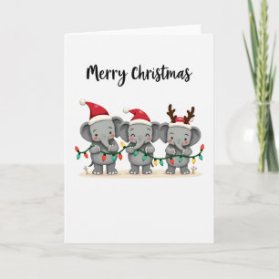 Carte Eléphants de Noël mignons avec lumières et chapeau