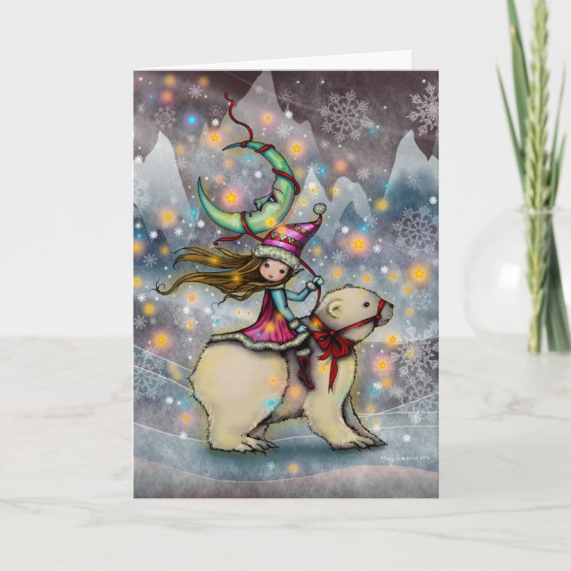 Carte Elf montant l'art de vacances de Noël d'ours blanc (Devant)