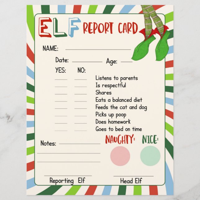 Carte Elf Report Naughty ou Nice Comportement (Devant)