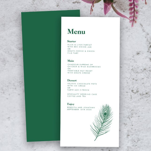 Carte Emerald Green Feather Modern Mariage Menu Ca (Créateur téléchargé)