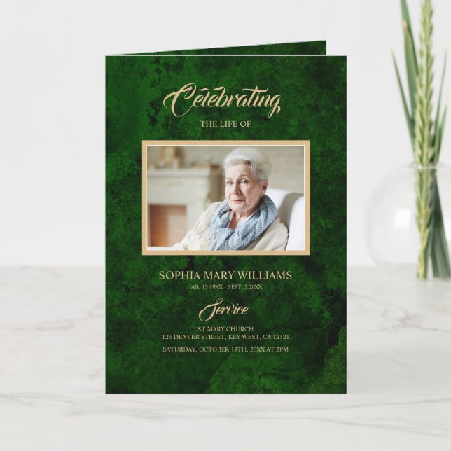 Carte Emerald Green & Gold Calligraphy Memorial Program (Devant)