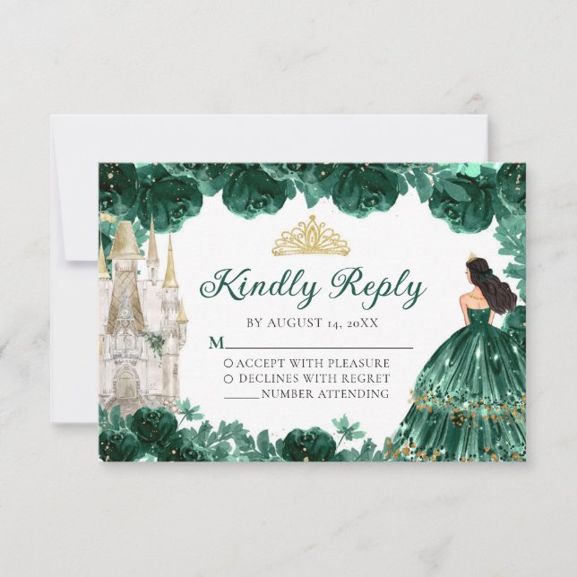 Carte Emerald Green Gold Princess Quinceañera RSVP (Devant)