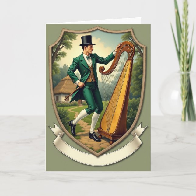 Carte Emerald Irish Man Harp Scene Card (Devant)