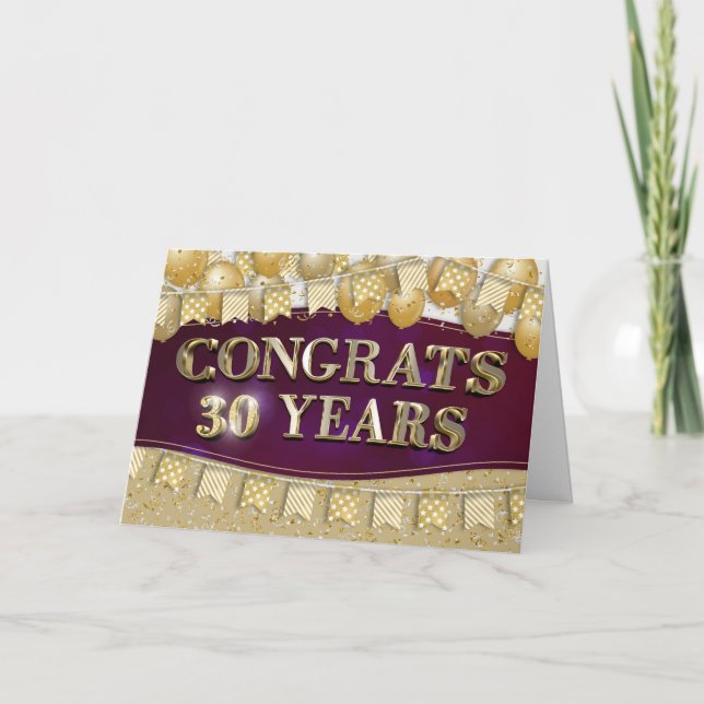 Carte Employé 30e anniversaire Gold Texte et Ballons (Devant)