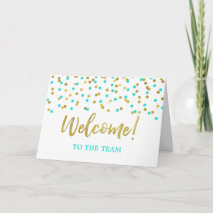 Carte Employé Turquoise Gold Confetti Bienvenue à l'équi