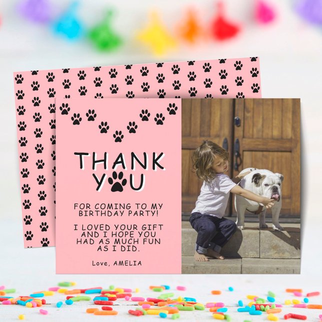 Carte Empreintes de pattes mignons rose Merci d'annivers (Créateur téléchargé)