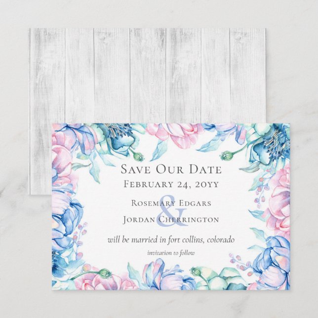 Carte en aquarelle avec motif floral et bois rusti (Devant / Derrière)