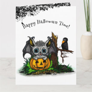 Carte En attente d'Halloween, Bat mignonne et Corbeau