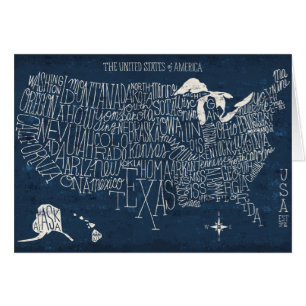 Carte en lettres des Etats-Unis de bleu de main