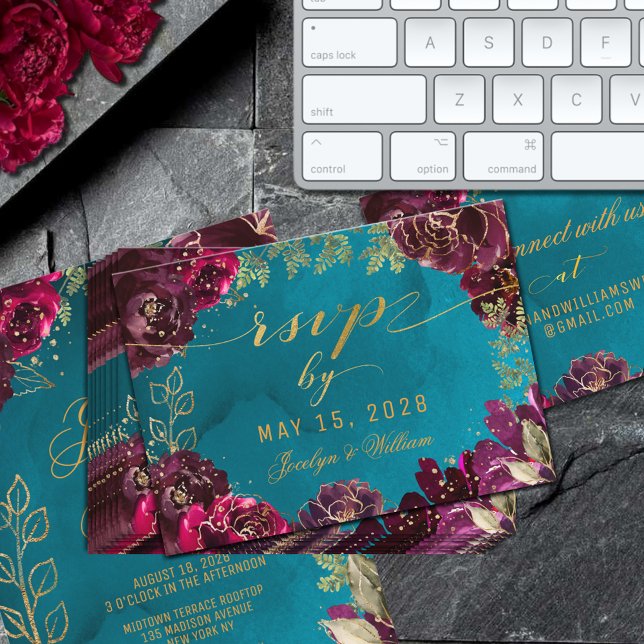 Carte en ligne Aqua Turquoise Merlot Jewel Tone Go (Aqua Teal Merlot Gold Jewel Tone Wedding Online RSVP Card)