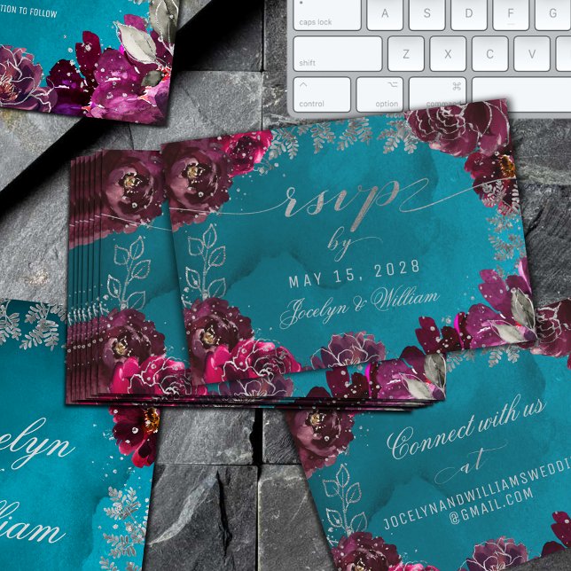 Carte en ligne Aqua Turquoise Merlot Jewel Tone RS (Aqua Teal Merlot Jewel Tone Wedding RSVP Online Enclosure Card
)