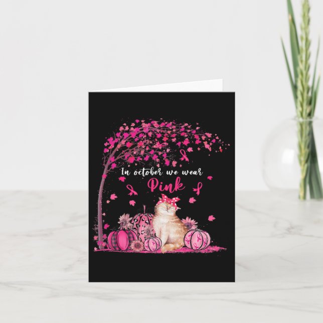 Carte En Octobre Nous Portons Citrouille Rose Chat Cance (Devant)