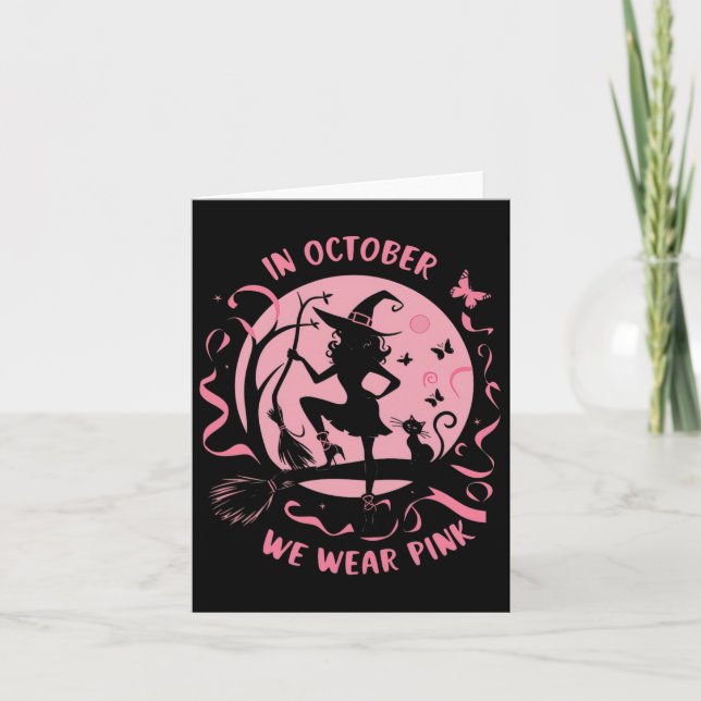 Carte En Octobre Nous Portons Pink Witch Halloween Poule (Devant)