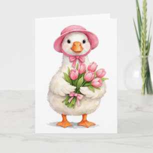 Carte En pensant à vous Oie blanche avec des tulipes ros