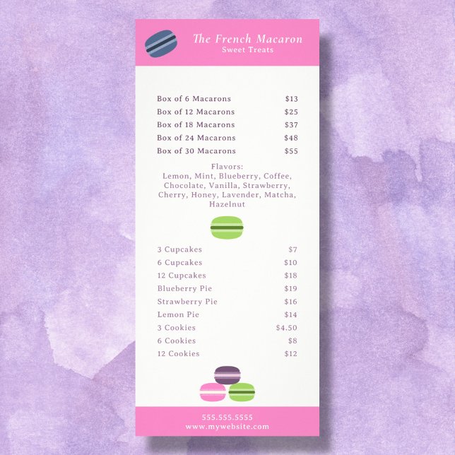 Carte en rack Macaron Menu & Tarifs (French Macaron Menu & Price List Rack Card)