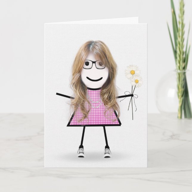 Carte en vichy Anniversaire Stick Girl avec marguerites (Devant)